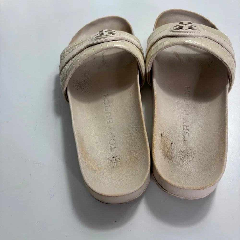Tory Burch Miller Cloud Cream Croc Embossed Leather Slide Sandals 8M